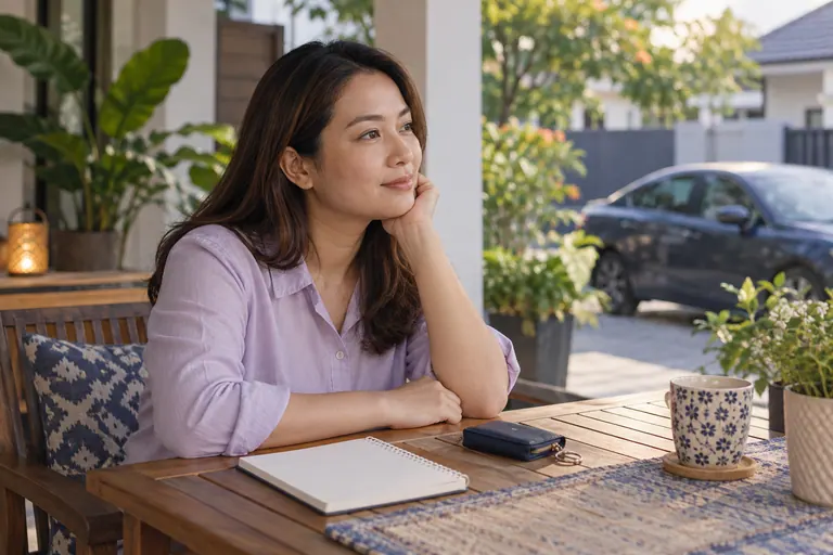 Pelanggan dengan buku kosong dan kantung di meja beranda
