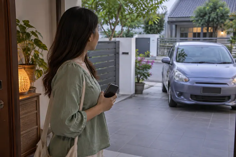 Pelanggan bertelefon melihat kereta yang diparkir dari pintu rumah