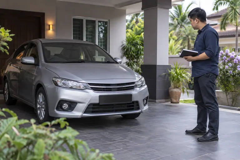 Pelanggan berbaju biru dengan buku di sebelah kereta perak di rumah