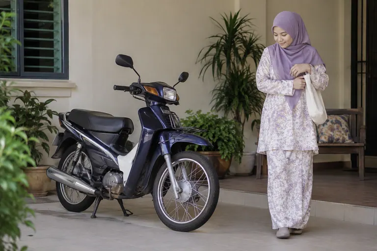 Motosikal kecil yang diparkir di beranda dengan pelanggan di sisi