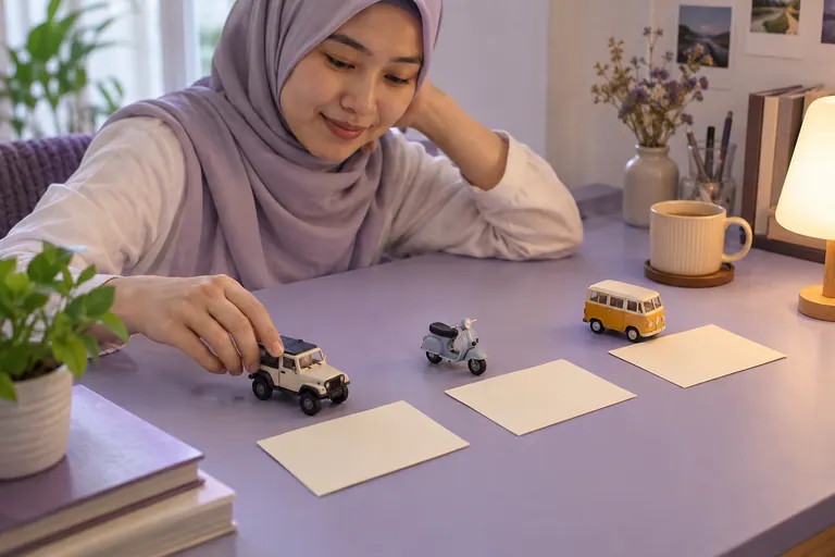 Tiga kad kosong dengan tiga kenderaan model dan tangan pelanggan